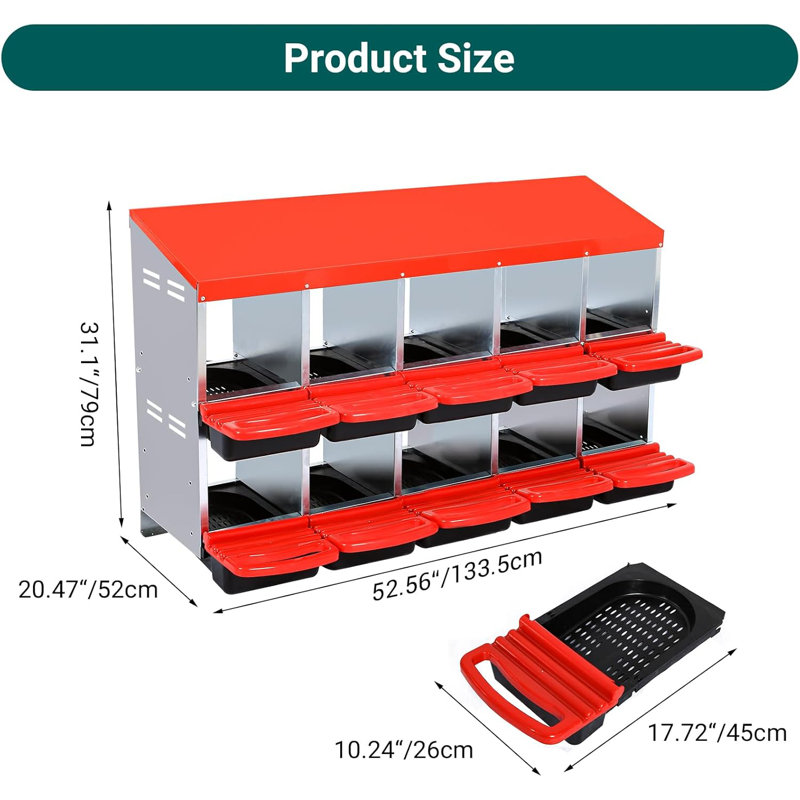 Nesting Boxes For Chickens, Chicken Nesting Box, Roll Away Nesting Box, Chicken Laying Boxes, Nesting Box For Hens With Lid Cover For Chicken Coop, 10 Compartments, Red