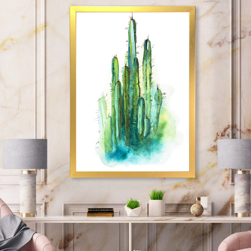 Green High Spiky Cactus - peinture sur toile, H 32 po x l 16 po, Toile à cadre d'angle fermé doré