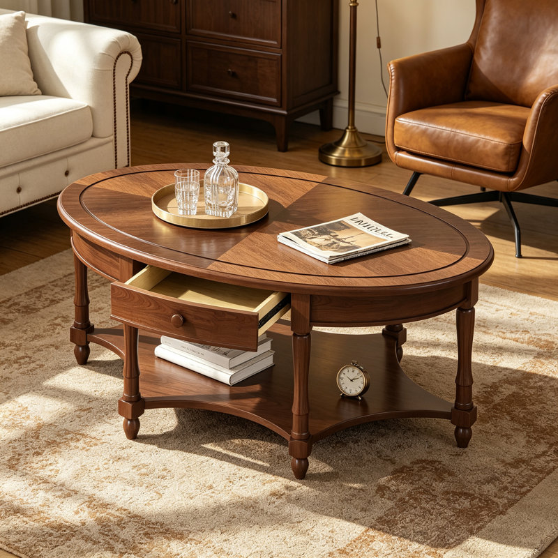 Table basse ovale vintage de 114 cm en bois d'hévéa, style campagne française, avec tiroir et tablette de rangement ouverte, couleur noyer foncé, idéale pour le salon.