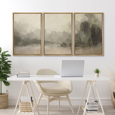 "Misty Forest And Lake Nature Wilderness Illustration Modern Decor Calm Relax Cozy For Chambre" 3 - Pièces