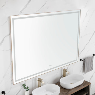 Miroir de salle de bain 84 po x 48 po à DEL avec façade et rétroéclairage, miroir de meuble-lavabo mural avec cadre en aluminium, antibuée, mémoire, 3 couleurs, gradation continue