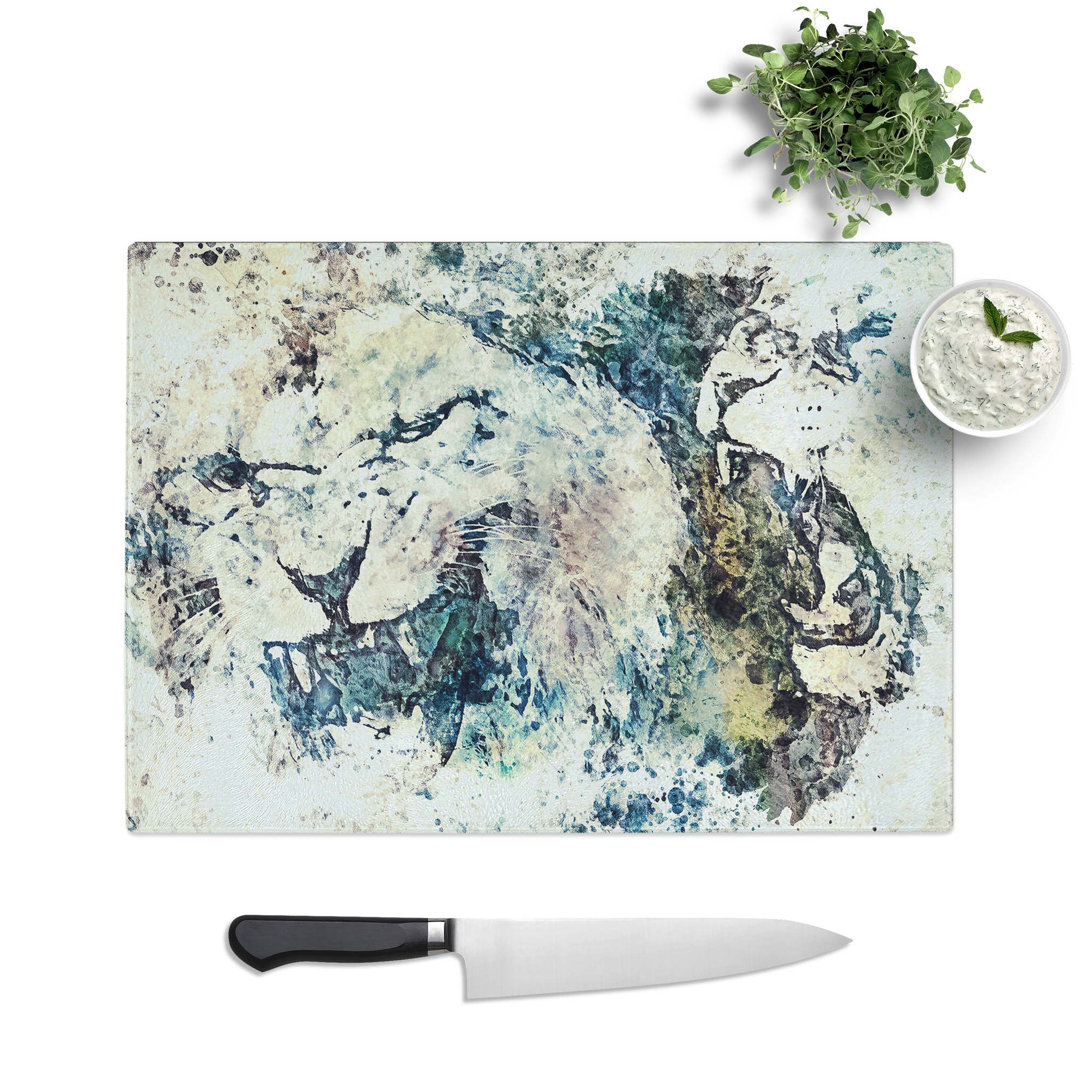 Tempered Glass Two Snarling Lions in Abstract Chopping Board