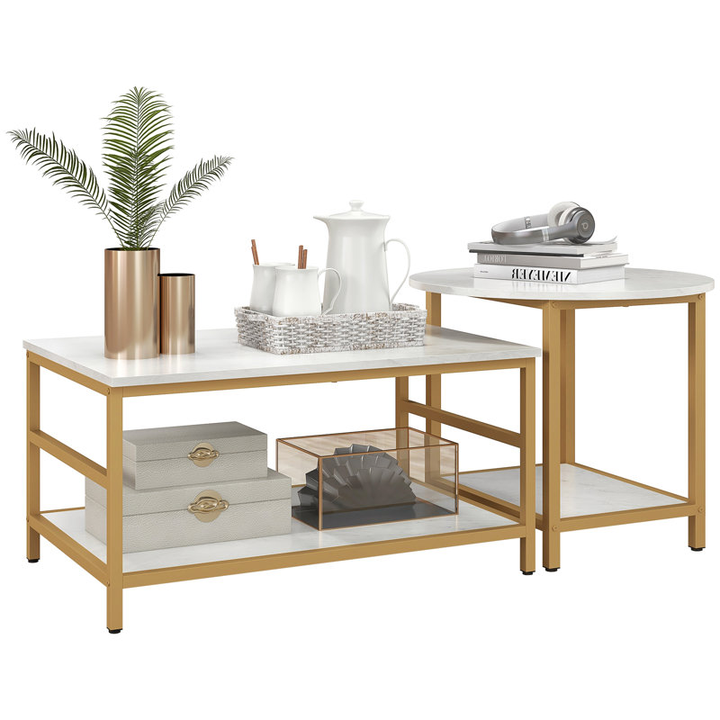 HOMCOM Coffee Tables Set of 2, 2-Rier Rectangle and Round Coffee Table with Storage Shelves, Faux Marble Top and Steel Frame