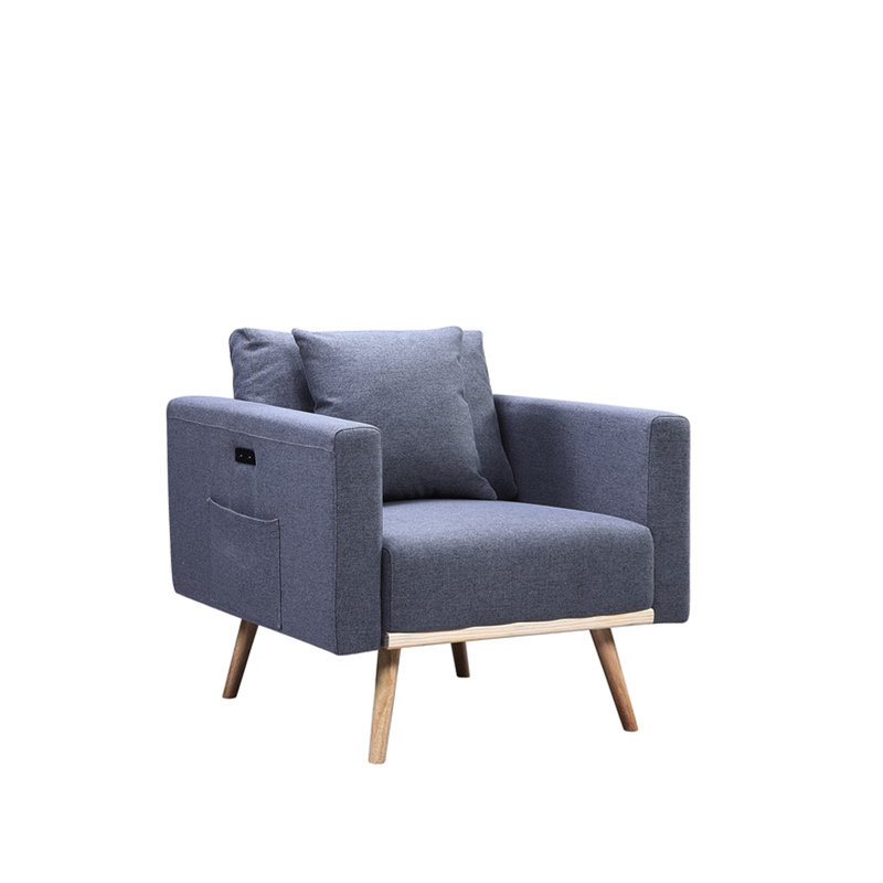 Chaise en tissu de lin avec ports de chargement USB, poches et coussins