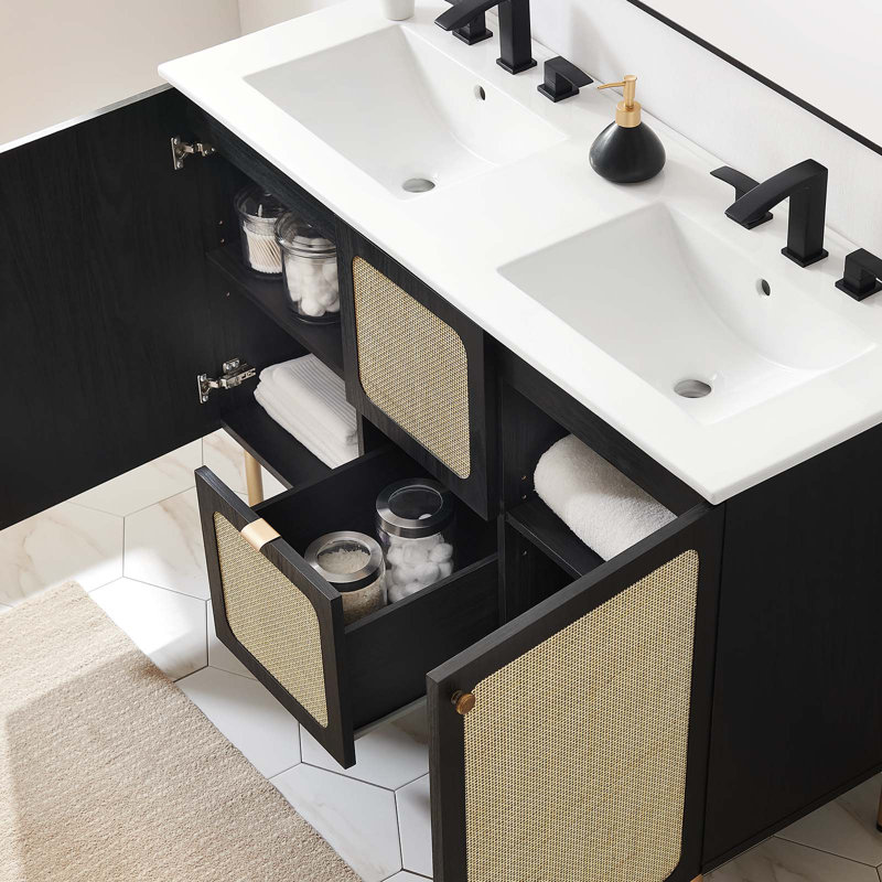 Meuble-lavabo double 48 po avec plateau en bois Modway, Noir / or, Blanc