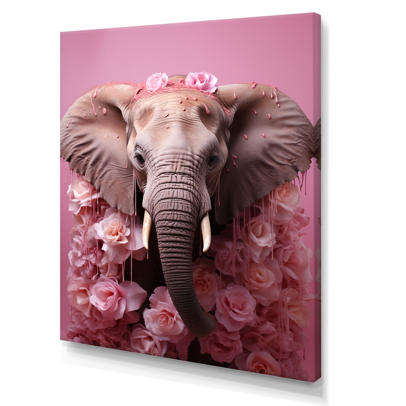 «Pink Romantic Blooms Elephant II», reproduction sur toile, Toile tendue, H 32 po x l 16 po x P 1 po