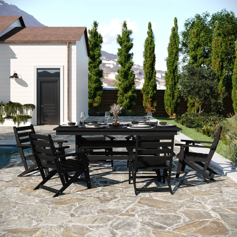 Commercial All Weather Adirondack Table And 6 Chairs With Cupholders, Black