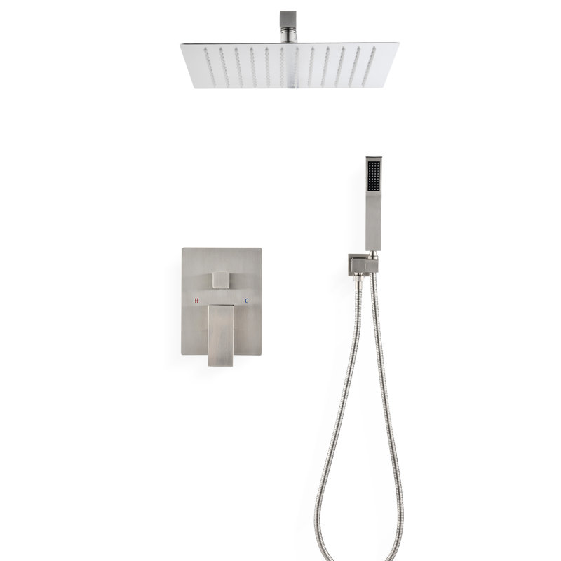 Ceiling Shower System With Handheld And 16" Head - Brushed Nickel, Brass, Natural Rainfall , Self-Cleaning Nozzle, Complies American Standard Pipe Specifications & Recreation,