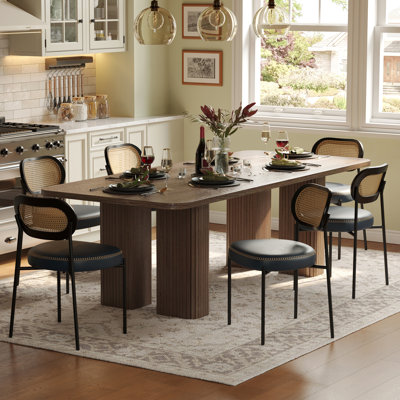 Mid Century Modern Faux Leather Upholstered Dining Side Chairs With Curved Rattan Back,Blue