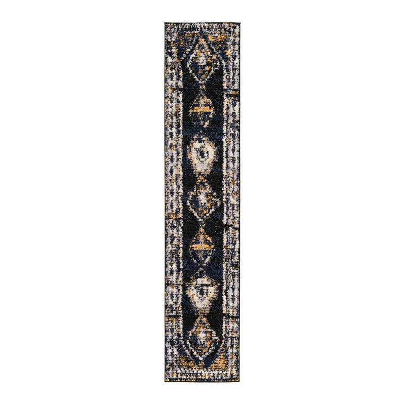 Tapis bleu foncé / blanc Soraya, Tapis de couloir 2 pi x 10 pi