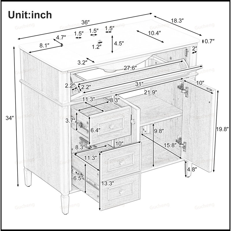 Meuble-lavabo 36 po avec tiroir escamotable et lavabo, Naturel