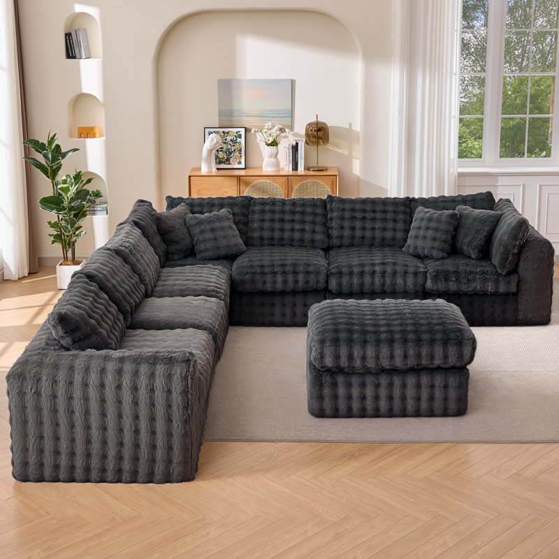 8 - Piece Compression Modular Upholstered Sectional, Gray Faux Fur