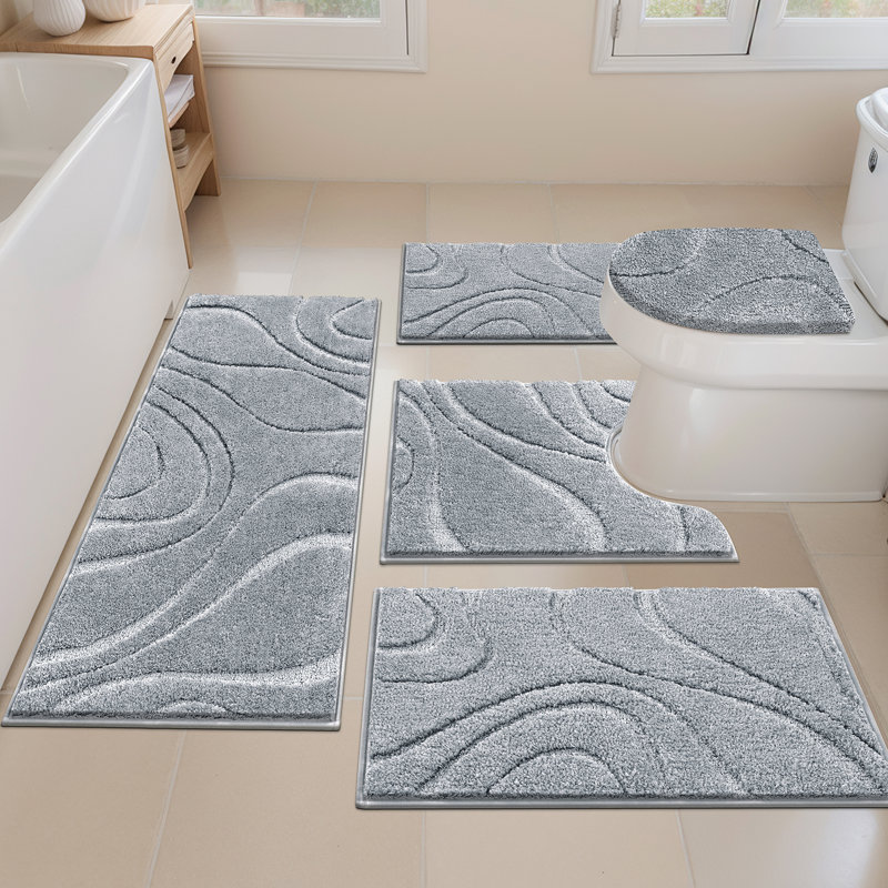 5 Piece Soft Absorbent Microfiber Bath Rug Set with Non-Slip Backing, Light Gray