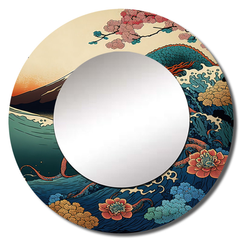 Okema Japanese Landscape With Lezard - Japan Large Mirror, Traditional Round Decorative Wall Mirror, Printed Metal Art