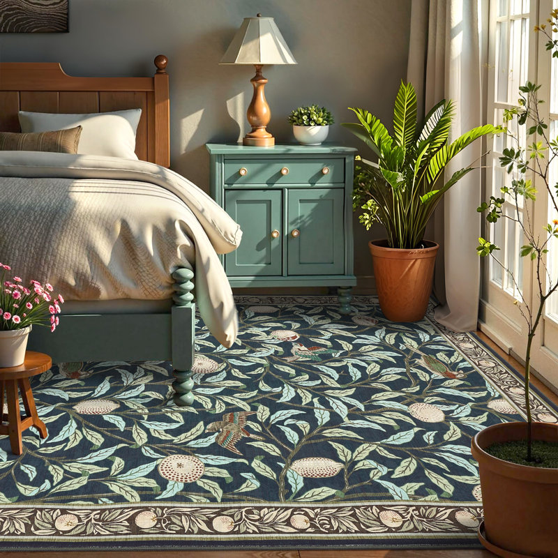 Farmhouse Machine Washable Rug for Living Room, Non-Slip Botanical Area Rugs, Low Pile Stain-Resistant Vintage Carpet, Soft Foldable Print Floor Mats for Bedroom, Nursery, Home Office
