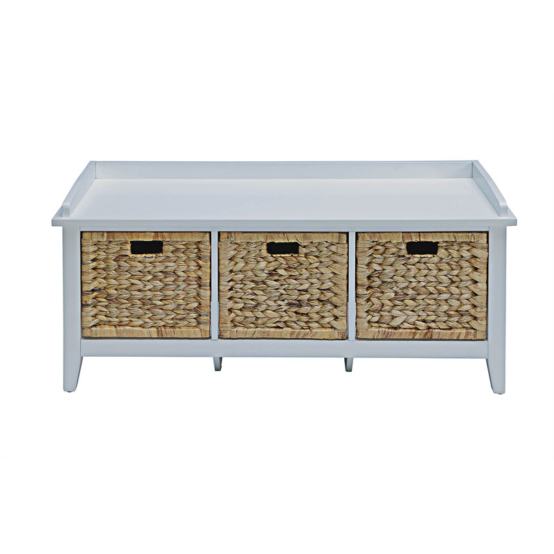 White Wood and Rattan Storage Bench with Drawers