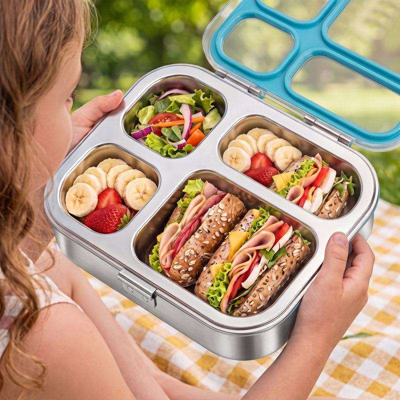 Boîte à lunch Bento en acier inoxydable, 4 compartiments, étanche, légère, Bleu