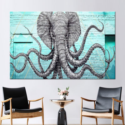 Illustration abstraite de graffiti moderne avec éléphant vibrant et pieuvre sur toile de qualité
