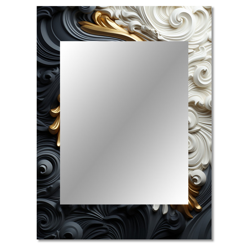 Or blanc blanc et spirale liquide ornementale noire - spirale abstraite, miroir mural décoratif, art en métal imprimé