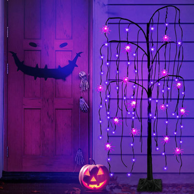 Décoration de sapin d'Halloween noir 4 pi 84 DEL avec minuterie 16 lumières araignées mauves, arbre artificiel effrayant, décorations d'Halloween, décor intérieur, intérieur, extérieur, jardin (prise / 4 piquets)