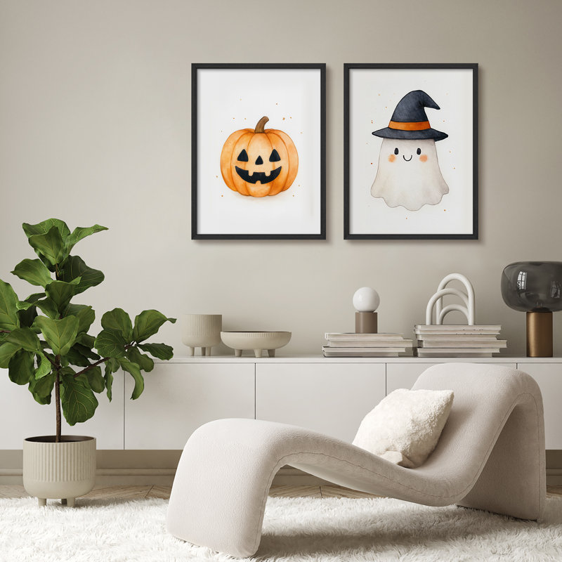 Adorable ensemble de 2 reproductions d'art encadrées citrouille et fantôme d'Halloween, H 16 po x l 12 po, Blanc