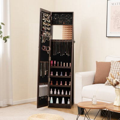 Standing Lockable Jewelry Storage Organizer with Full-Length Mirror, Coffee
