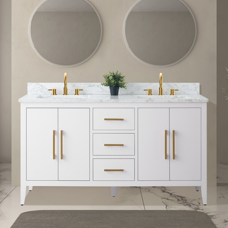 Ensemble de meuble-lavabo double 60 po avec plateau en marbre Chambery, Blanc, Or brossé