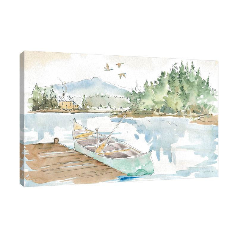 «Lakehouse I» par Anne Tavoletti - peinture sur toile tendue, H 12 po x l 18 po x P 1,5 po