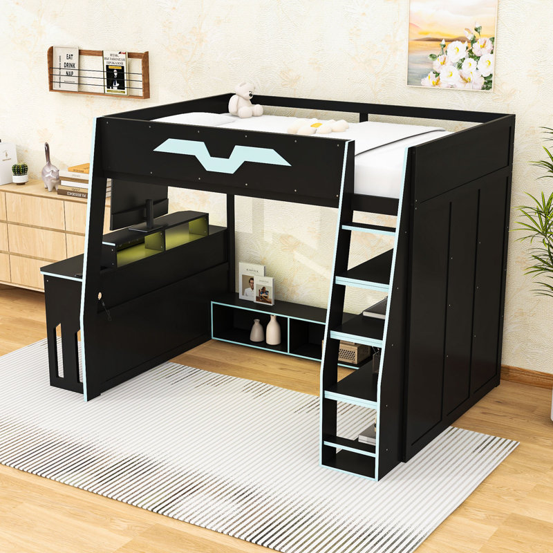 Full Size Loft Bed with Integrated Desk and RGB Lighting,Ladder, Cloud Blue