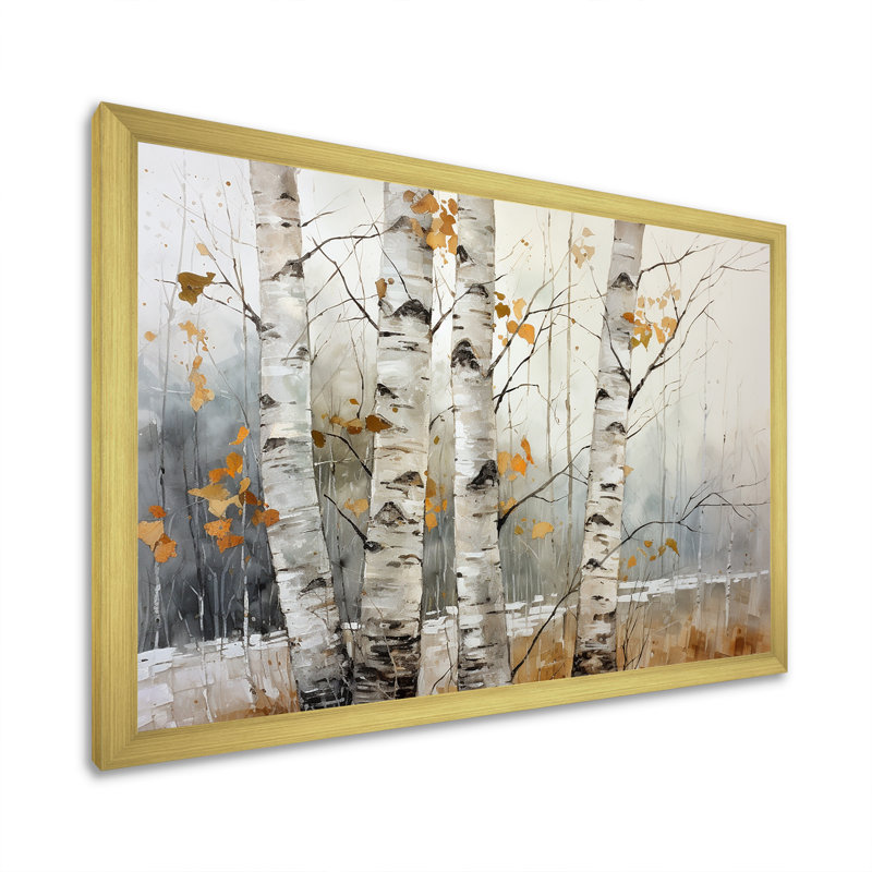 Beauté de bouleau beige et gris sur toile, Cadre photo doré simple, H 16 po x l 32 po x P 1 po