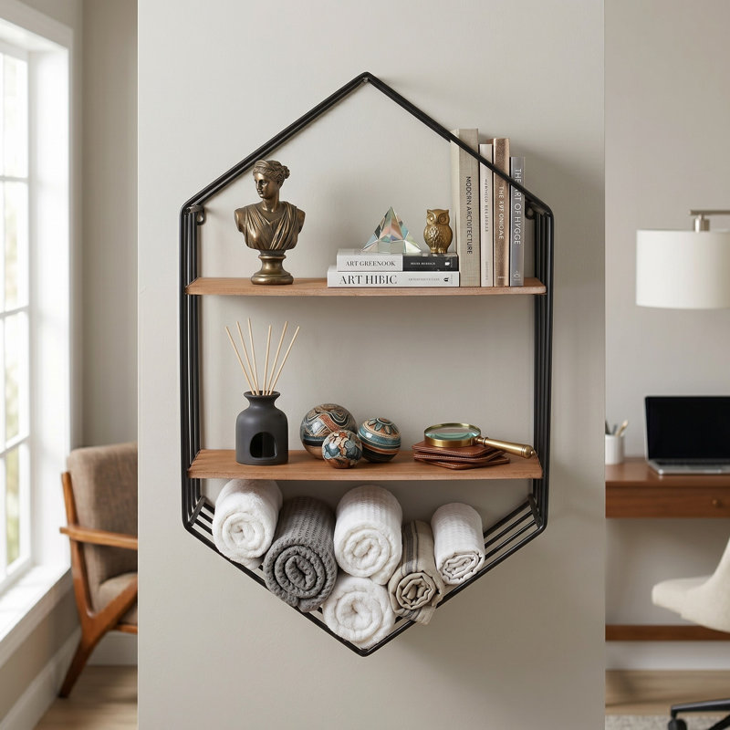 Ljiljan Metal and Wood Wall Storage Shelf with Black Iron Frame, Rustic Brown Plywood Shelves, Hanging Display Unit for Home, Office, Bedroom, or Living Room - Industrial Modern Wall Decor - 34"