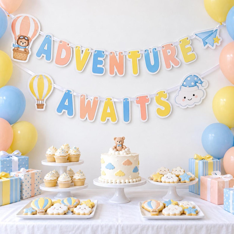 Bannière « L'aventure vous attend » pour fête prénatale, guirlande de montgolfières avec ours en peluche et aviateur, décoration de fête de chambre d'enfant en carton bleu, pêche et jaune