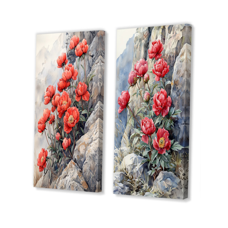 Pivoines par The Rocky Outcrop I - décoration murale en toile florale 2 pièces, H 40 po x l 41 po, Toile tendue