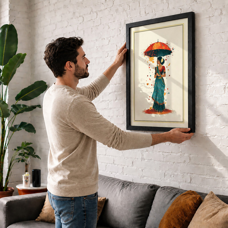 Woman with Umbrella Modern - Framed Print, A1 - 84.1 x 59.4 cm, White