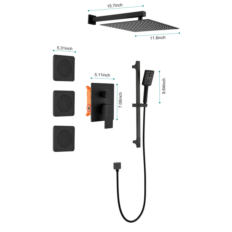 Shower System With Air Injection Head & Matte Black Appearance Bathroom Advanced Technology: Head, Hand Shower, Slide Bar, Bodysprays, Arm, Hose, Valve Trim