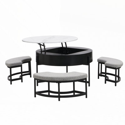 Functional and Stylish Modern Round Lift-Top Coffee Table Set with Three Ottomans for Enhanced Living Space Utility