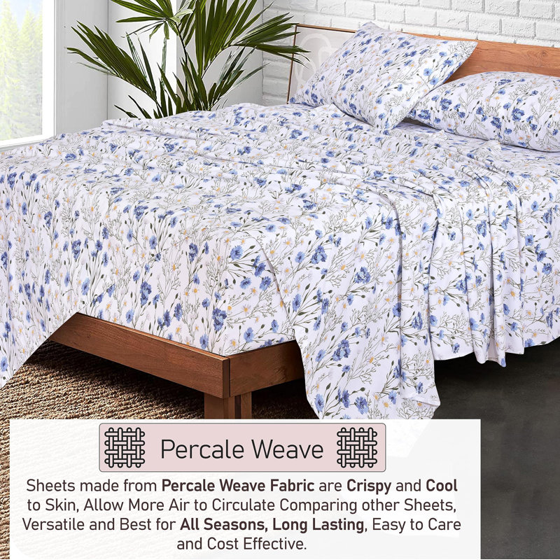Sweet Pea Blue Floral Cotton Percale Queen Sheet Set