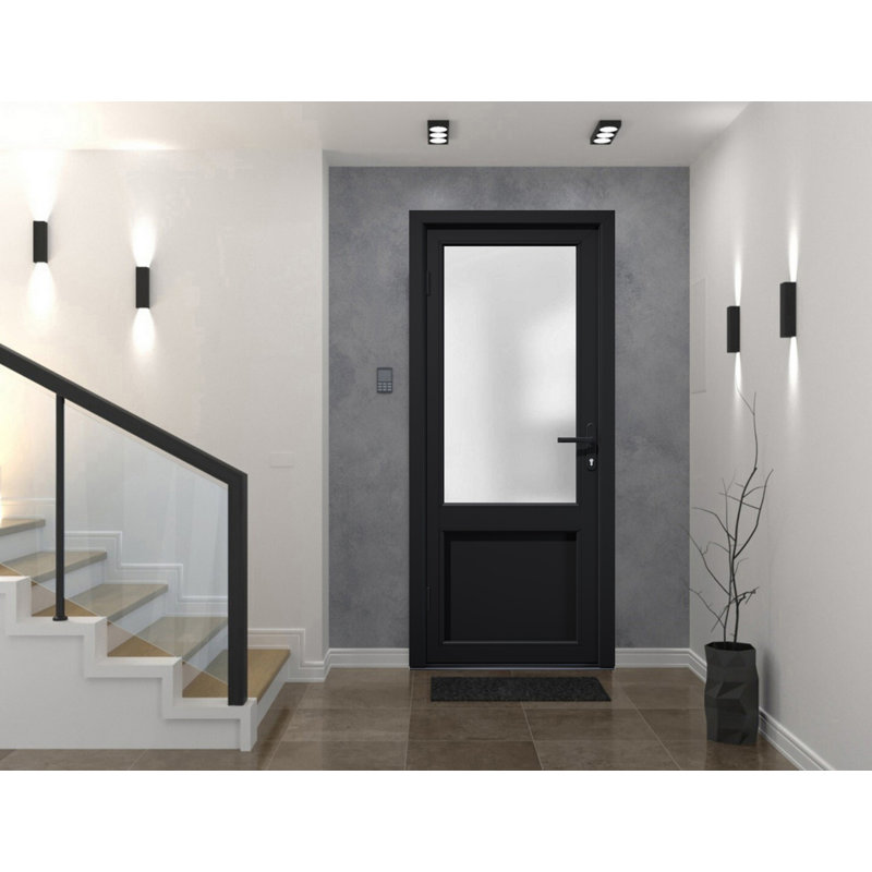 Porte d'entrée extérieure prémontée en fibre de verre, verre dépoli, Manux 8422, noir mat, pour bureaux, commerces et habitations. Porte d'entrée, patio, garage - L 91,4 cm x H 203,2 cm - Ouverture à droite vers l'intérieur.