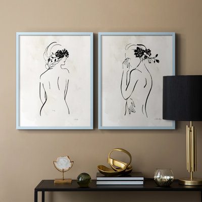 Dessin au trait romantique I - impression encadrée de qualité supérieure - prêt à être accroché - aucun clou requis - aucun clou requis