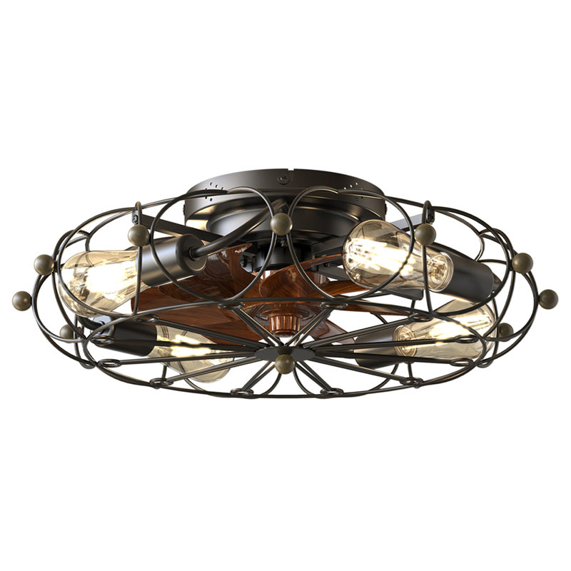 DAKAFUL 20" Flush Mount Caged Ceiling Fan With Light Kit And Remote, Reversible 6-Speed Motor, Black