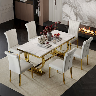 7 Piece Luxury White Faux Marble And Gold Dining Table Set With 6 White Leather Dining Chairs