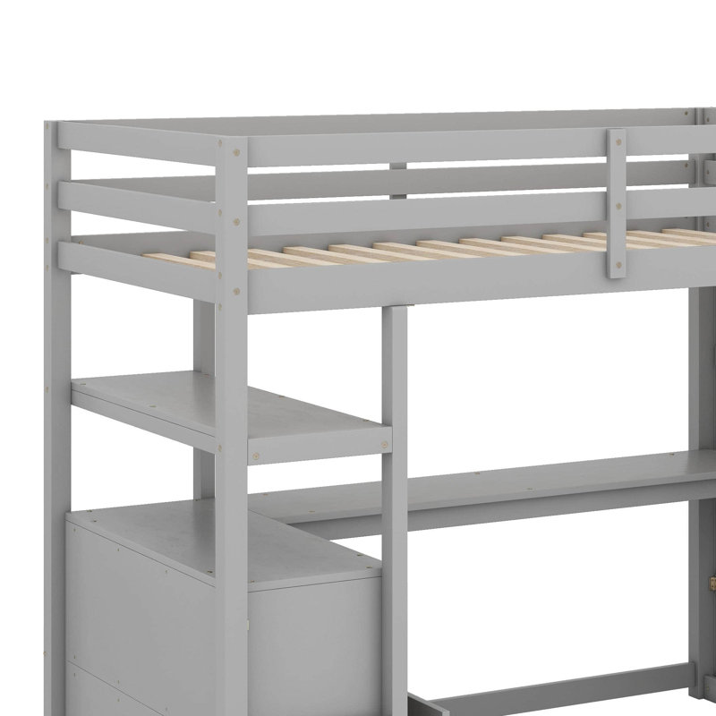 Lit mezzanine simple avec bureau, tablettes, 2 tiroirs et escalier de rangement, Grey