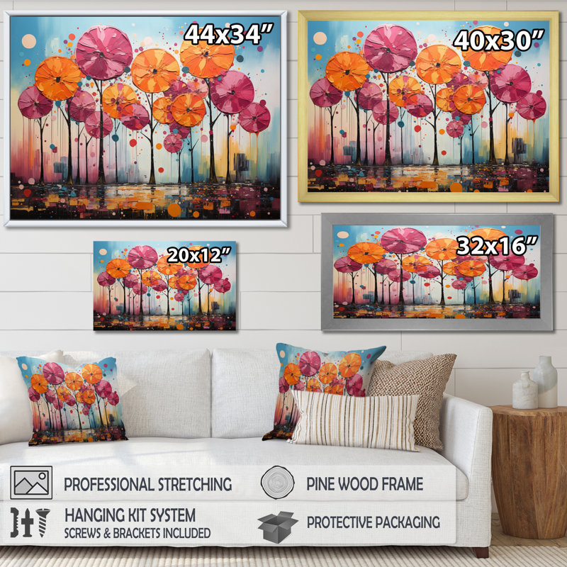Palmiers orange et roses abstraits IV - impression, H 24 po x l 32 po x P 1 po, Toile tendue