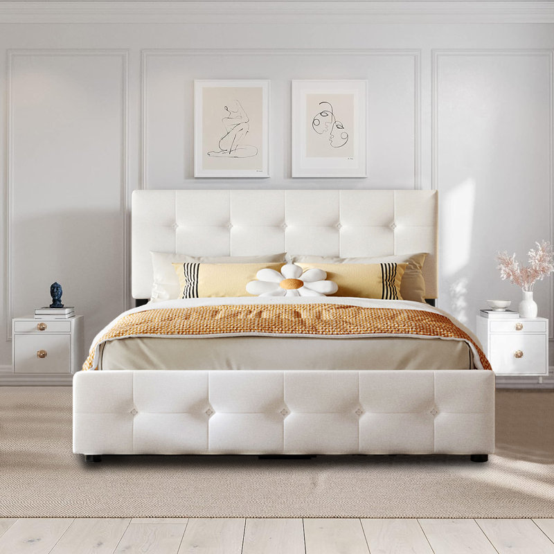 Eural Upholstered Platform Bed with Classic Headboard and 4 Drawers, No Box Spring Needed, Linen Fabric, Queen Size, White