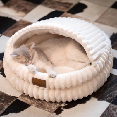 Cats Covered Hooded Pet Bed with Cushion Non-Slip, Washable Machine Mat, Round Kitty Bed Soft Fluffy Enclosed Pet Bed(White)