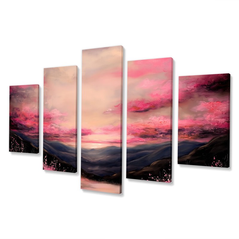 «Pink Skies Over Vermont Mountains I», décoration murale 5 panneaux