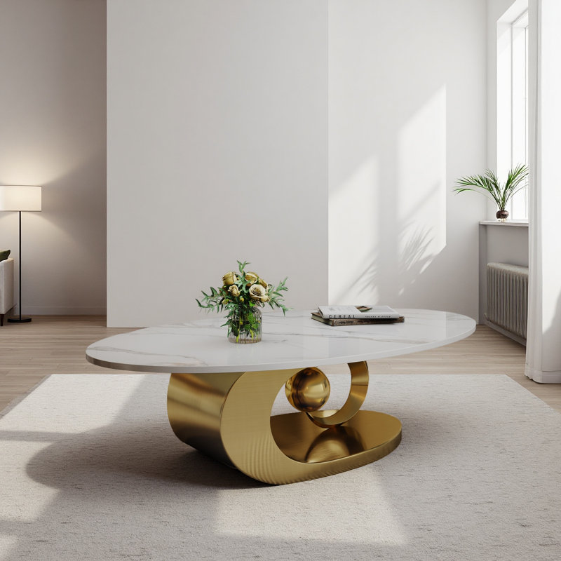 Table basse en marbre avec base sculpturale en acier inoxydable, Doré