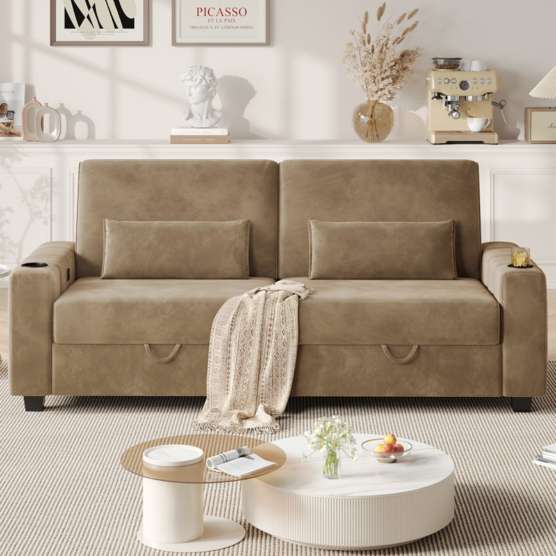 88" Velvet Square Arm Sofa with Storage, Deep Seat Sofa with USB Charging Ports & Cup Holders, 37.4" H x 88" W x 33.1" D 