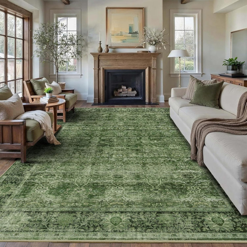 Tapis vert lavable pour salon, Rectangle 10'x14', Green