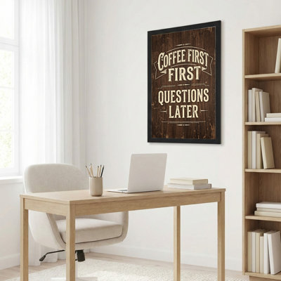 Toile noire encadrée en bois noir pour le salon, la chambre à coucher, le bureau ou le vestibule - Décoration murale décorative avec café, premières questions d'abord
